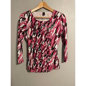 Madison Top Womens Small Pink Black Abstract Mesh Ruffle Front 3/4 Sleeve Y2K